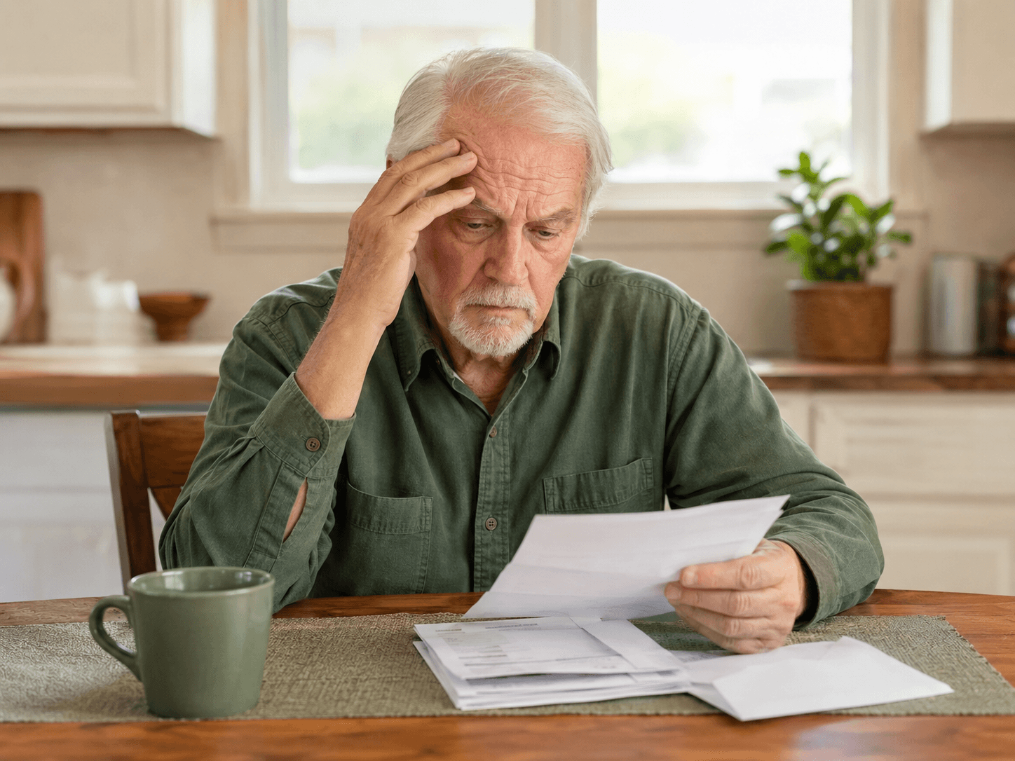 A retired man sits at his kitchen table, hand to his head, reading a letter with a worried expression.